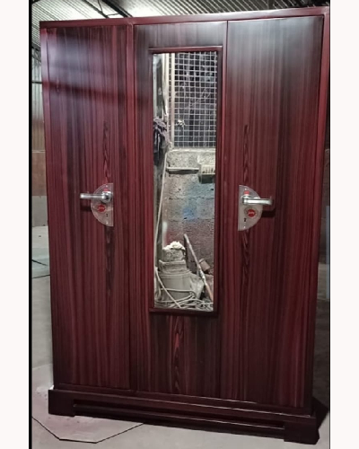 3 Door Steel Wardrobe with Center Mirror - Rosewood Finish